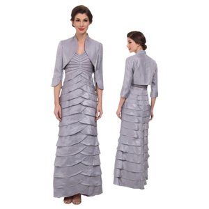 Adrianna Papell Silver Formal Wedding Cocktail Shimmer Tiered Ruffle Dress 6/8